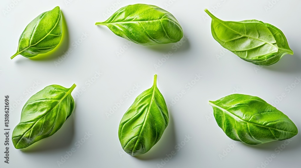 Close up of six green leaves of basil. The leaves are arranged in a row and are all the same size Close up of six green leaves of basil. The leaves are arranged in a row and are all the same size
