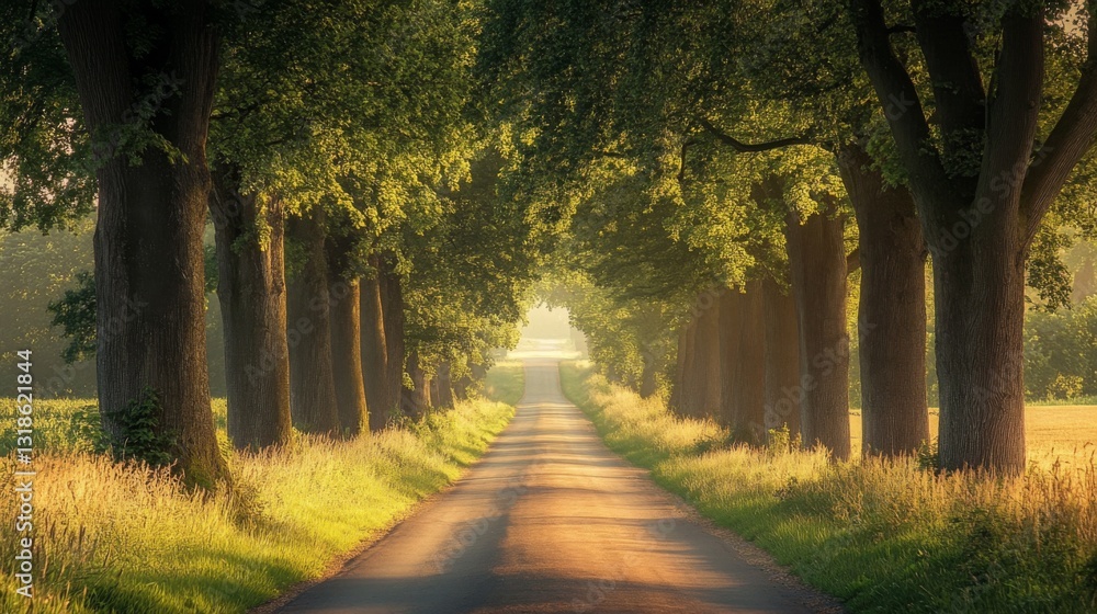Fototapeta premium A tranquil country road lined with tall trees, leading through a peaceful rural landscape under soft light.