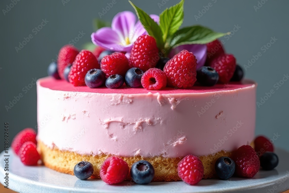 Enchanting Flower-Infused Raspberry Delight with Fresh Fruit Accents Enchanting Flower-Infused Raspberry Delight with Fresh Fruit Accents