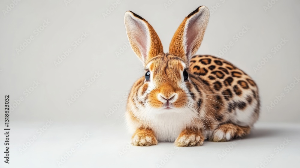 Fototapeta premium Brown and white rabbit with black spots on its face and body. The rabbit is looking at the camera with a curious expression