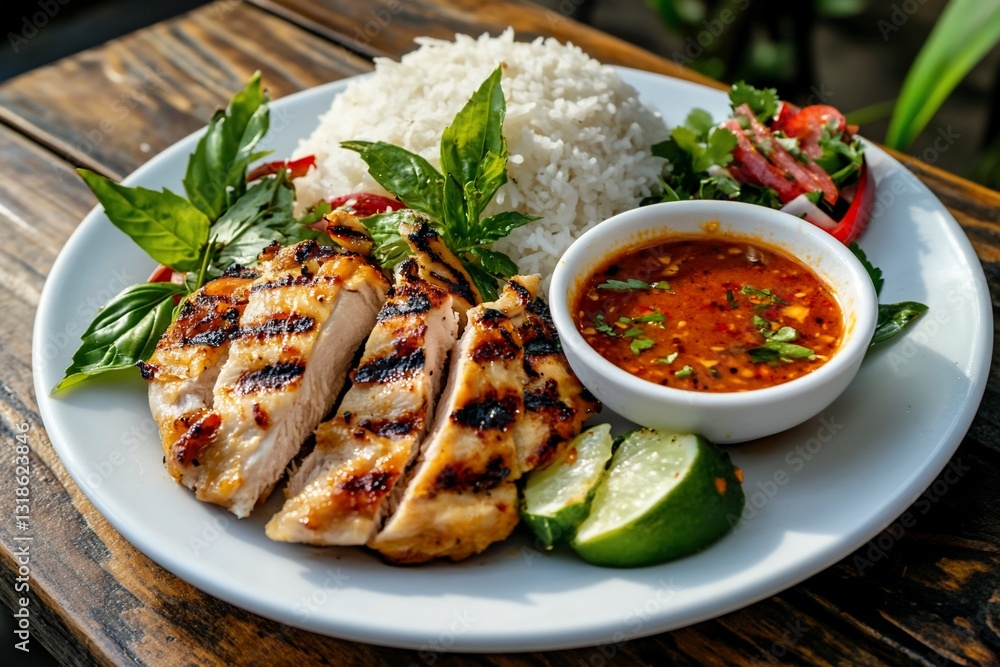 Grilled chicken with rice and spicy sauce Grilled chicken with rice and spicy sauce