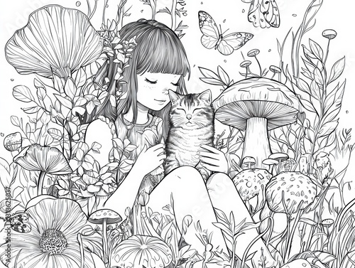 Enchanting Bond: A girl tenderly embraces a cute kitten amidst a whimsical, flower-filled garden, celebrating the beauty of innocence and affection, capturing the essence of gentle companionship.