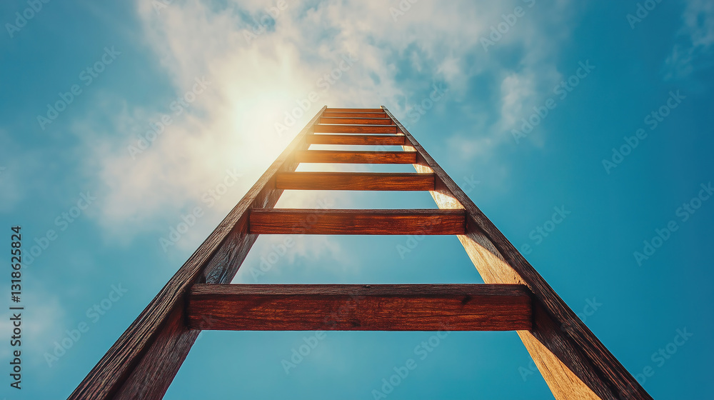 A tall ladder reaching toward a bright sky filled with golden light symbolizes career advancement and business growth. A tall ladder reaching toward a bright sky filled with golden light symbolizes career advancement and business growth.
