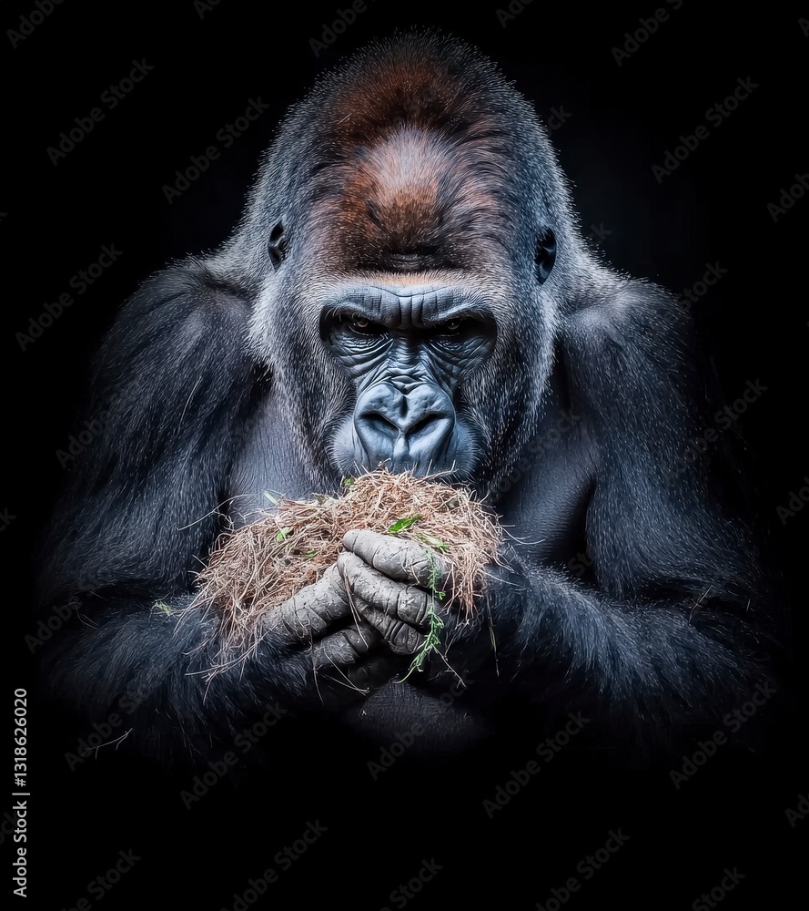 Powerful Gorilla Consuming Vegetation In Dramatic Low Light Portrait Powerful Gorilla Consuming Vegetation In Dramatic Low Light Portrait