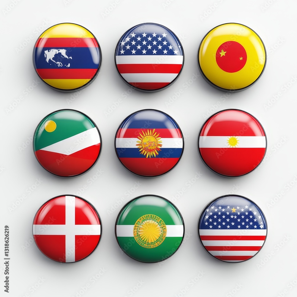 Set of round badges with flags of different countries. Vector illustration. Set of round badges with flags of different countries. Vector illustration.