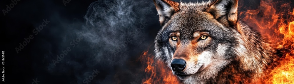 Fototapeta premium A wolf in smoke and fire, dark background, hyperrealistic