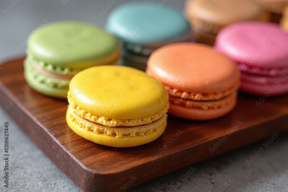 Fototapeta premium Italian Macarons Displayed Artfully on a Rustic Wood Platter