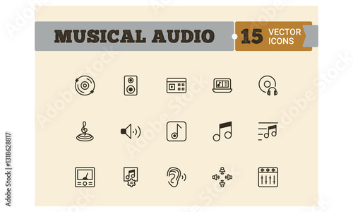 Best User interface  musical icon design set, Pack of vector symbol illustration collection.  15 Minimalist Musical Audio Icons – Perfect for Sound & Music Projects
