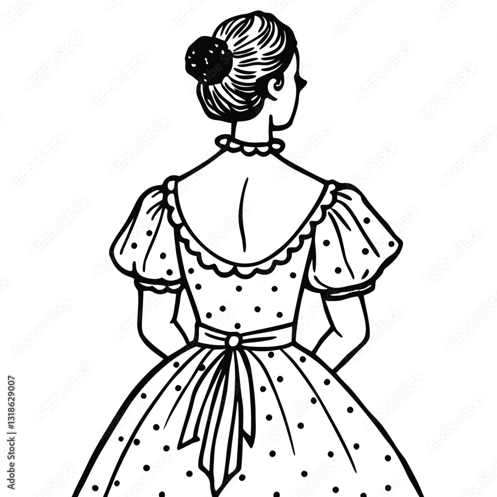 Fototapeta premium A black and white line art illustration of a young girl in an elegant vintage dress, viewed from the back, 