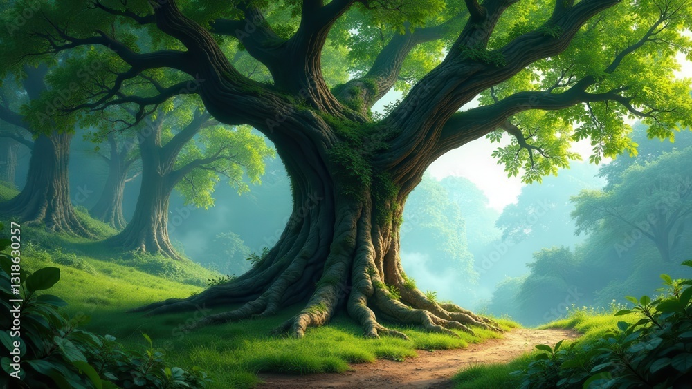 Naklejka premium Ancient Forest Path Leading to a Majestic Tree with Lush Greenery and a Misty Atmosphere
