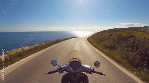 A scooter ride on vacation. A sunny day on the way to the beach. Riding on an empty road. First person view.