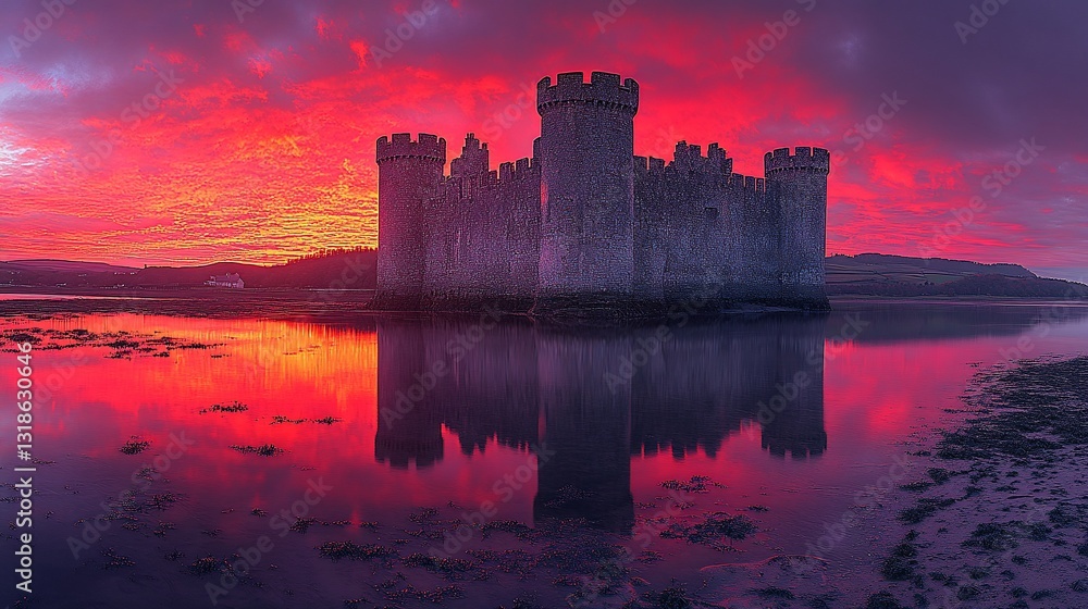 Fototapeta premium Dramatic sunset reflecting on a medieval castle in a calm bay.