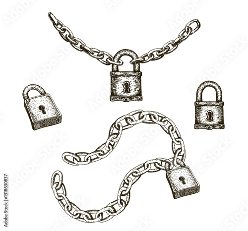 Steel chain and brass padlock. Metal lock and chains set. Chain lock closed. Hand drawn sketch of safety and security symbol. Retro style