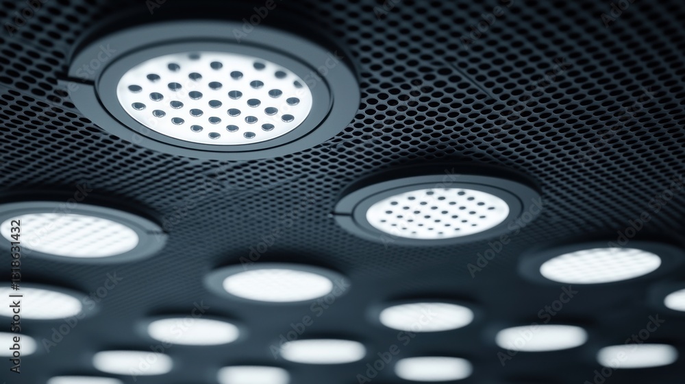Ceiling with lights recessed in a grid pattern, lit Ceiling with lights recessed in a grid pattern, lit