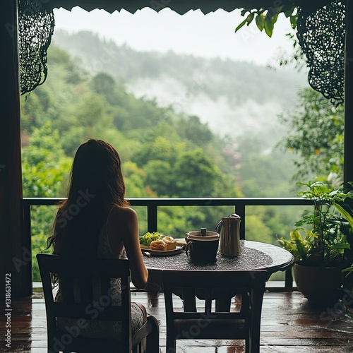 Early in the morning, located on the balcony, view from behind the girl, sitting on the terrace. with lunch. surrounded by green forest and misty view of the mountain.