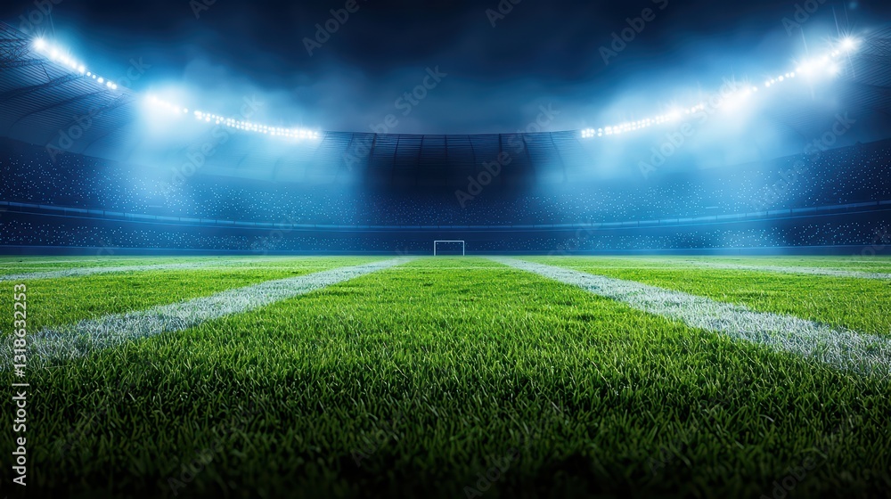 Obraz premium Massive Football Stadium Under Bright Floodlights during an Evening Match Setting