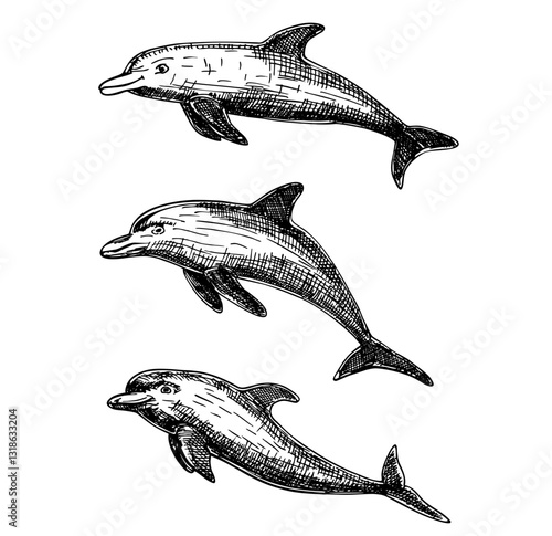 Hand drawn dolphin set. Jumping dolphin isolated on white background. A bottlenose dolphin. illustration in sketch style
