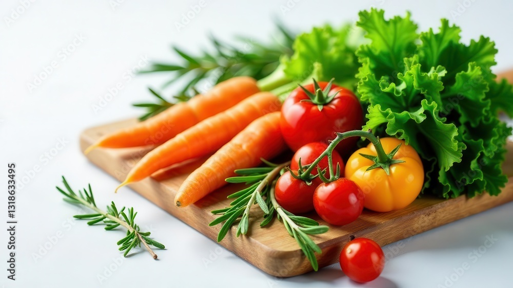 A vibrant arrangement of fresh carrots, tomatoes, and lettuce on a rustic wooden cutting board, garnished with rosemary sprigs, showcasing the beauty of simple, healthy ingredients A vibrant arrangement of fresh carrots, tomatoes, and lettuce on a rustic wooden cutting board, garnished with rosemary sprigs, showcasing the beauty of simple, healthy ingredients