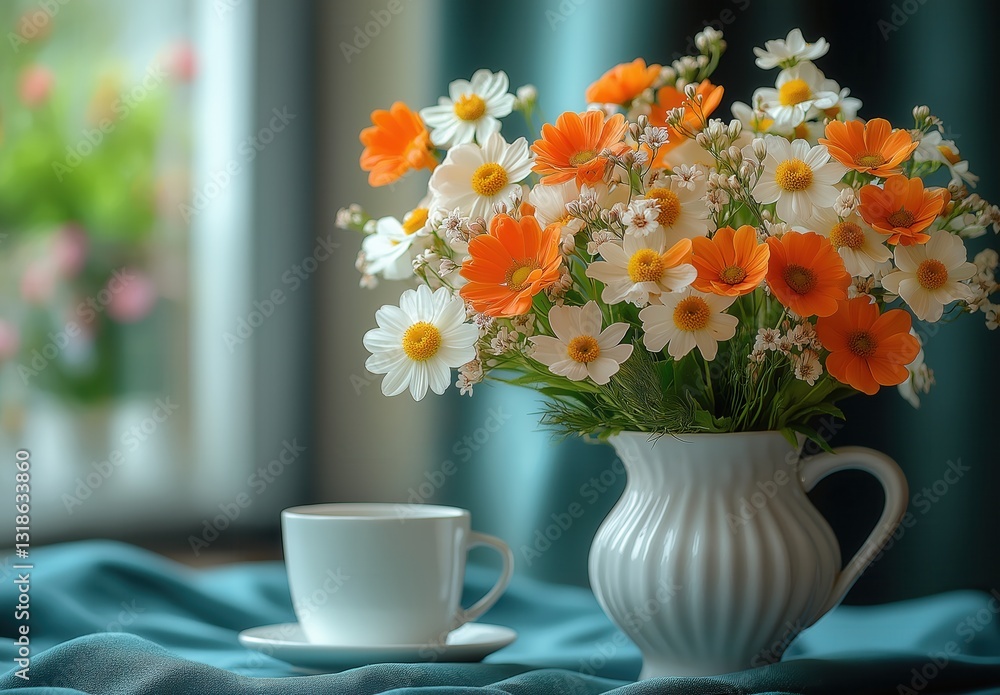 custom made wallpaper toronto digitalSpring bouquet with morning coffee on table.