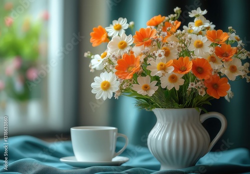 Wallpaper Mural Spring bouquet with morning coffee on table. Torontodigital.ca