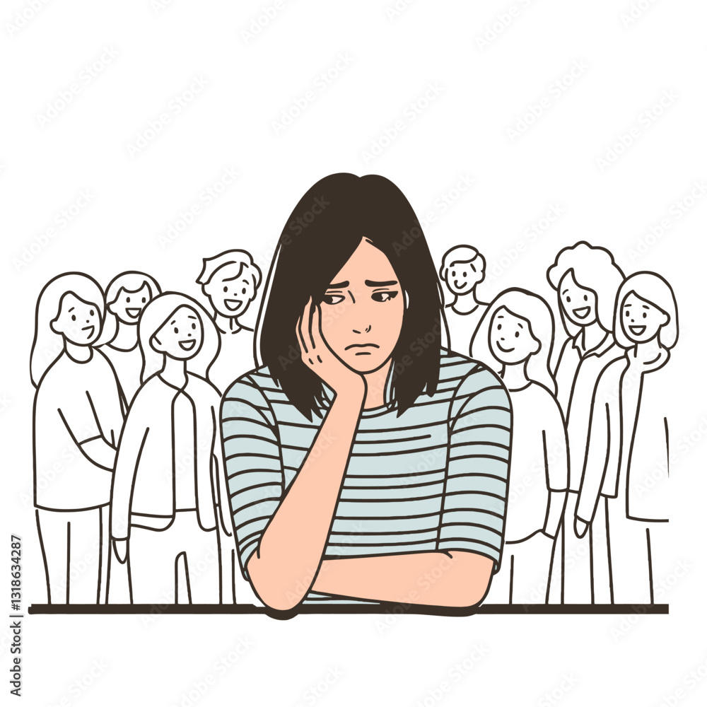 young woman sitting with a sad expression. She appears isolated despite being surrounded by a group of cheerful people who are smiling, talking, and raising their hands in excitement. young woman sitting with a sad expression. She appears isolated despite being surrounded by a group of cheerful people who are smiling, talking, and raising their hands in excitement.