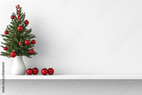 White wall with a minimalistic white shelf, a Christmas tree in a vase, and red ornaments on the shelf, side view, photorealistic, ultradetailed