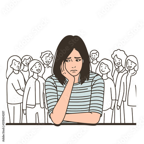 young woman sitting with a sad expression. She appears isolated despite being surrounded by a group of cheerful people who are smiling, talking, and raising their hands in excitement.