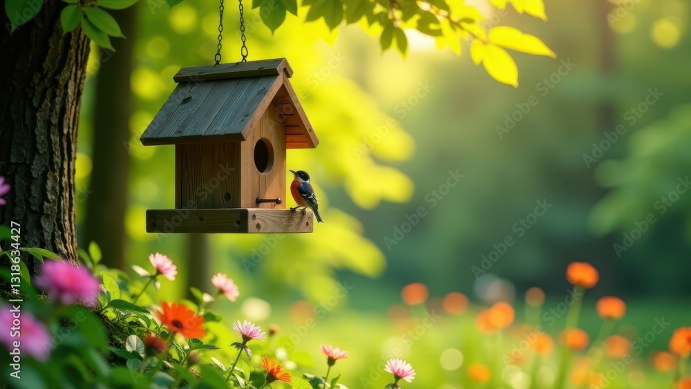Serene garden scene with a small wooden birdhouse hanging from a tree branch, a vibrant bird perched on the feeder, surrounded by a colorful array of blooming flowers bathed in sunlight Serene garden scene with a small wooden birdhouse hanging from a tree branch, a vibrant bird perched on the feeder, surrounded by a colorful array of blooming flowers bathed in sunlight