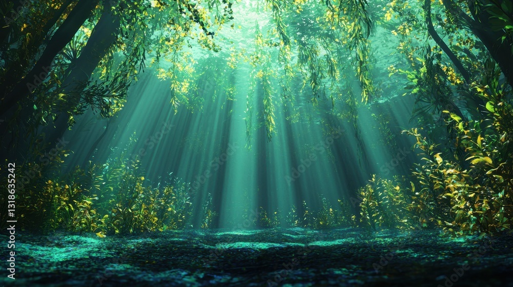 Obraz premium Soft beams of sunlight penetrate the dense canopy, illuminating the serene forest floor. Vibrant plants thrive in the calm, inviting atmosphere of this woodland