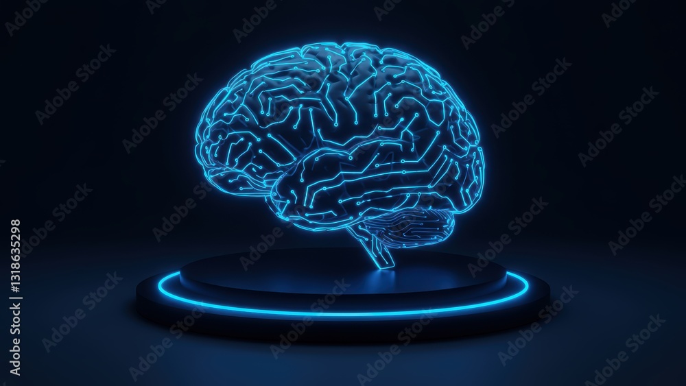 Futuristic blue circuit brain sculpture illuminated on a black pedestal Represents technology, innovation, and artificial intelligence Futuristic blue circuit brain sculpture illuminated on a black pedestal Represents technology, innovation, and artificial intelligence