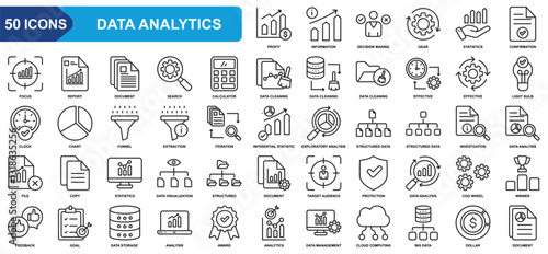 Data analytics collection icon set. profit, decision making, statistics, focus, funnel,  data analysis, chart. Simple Line vector.