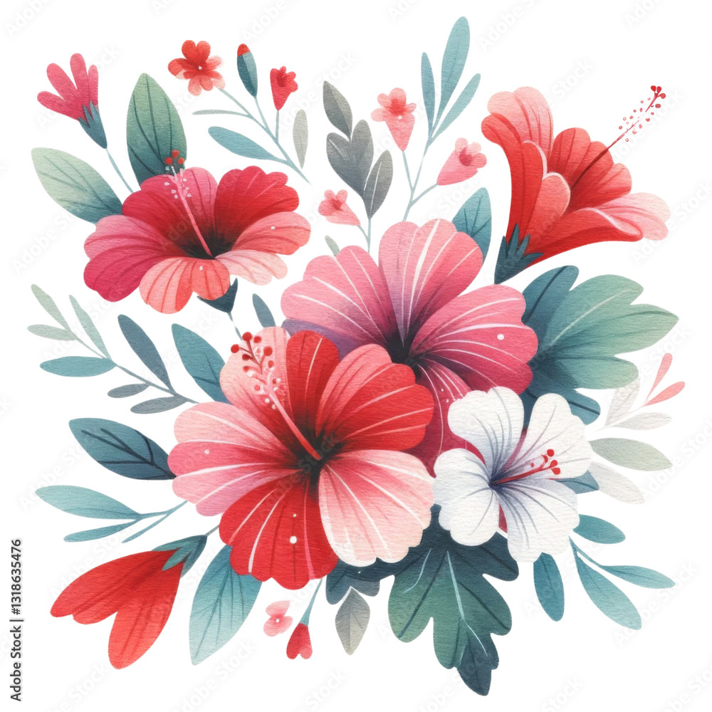 Fototapeta premium Floral bouquet concept. A vibrant floral arrangement featuring colorful hibiscus flowers in shades of red, pink, and white, surrounded by green leaves.