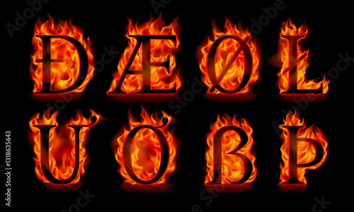 Fire letters Æ, ß, Þ, Đ, Ø, Ł, Ư, Ơ isolated on a black background. Serif font in orange flames. Vector illustration. 