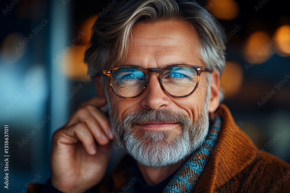 Man with glasses and a beard is smiling at the camera. He is wearing a brown jacket and a blue scarf Man with glasses and a beard is smiling at the camera. He is wearing a brown jacket and a blue scarf