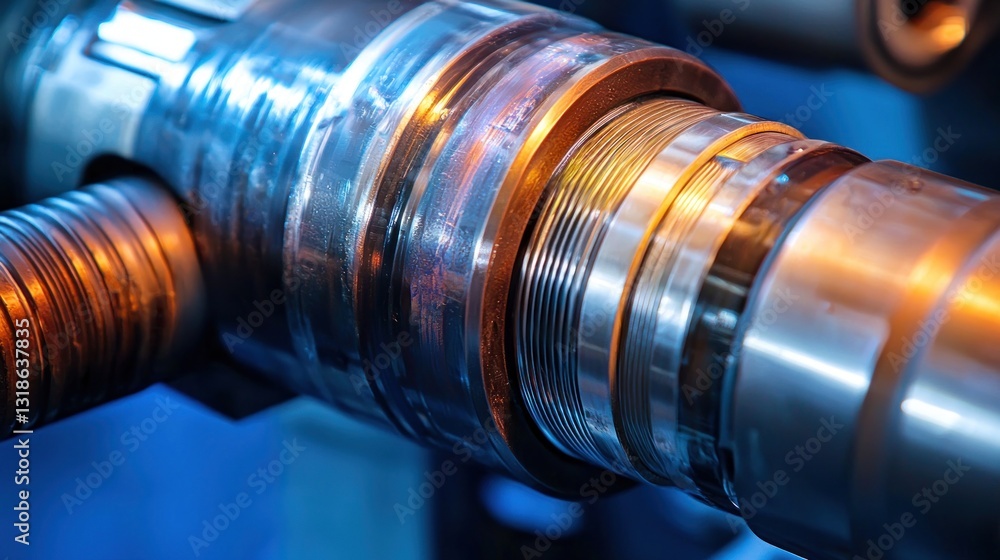 Obraz premium Threaded metal cylinder with intricate details & metallic textures, cool lighting