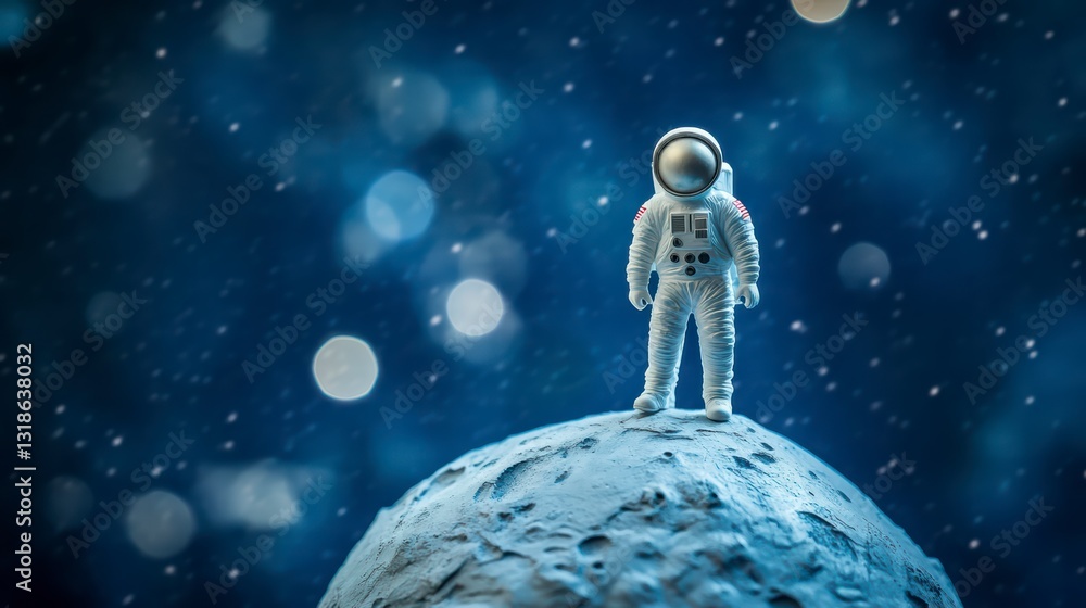 Fototapeta premium Lunar Voyager: A lone astronaut stands confidently on a surreal, alien moonscape under a starlit cosmos, contemplating the vast expanse of space. 