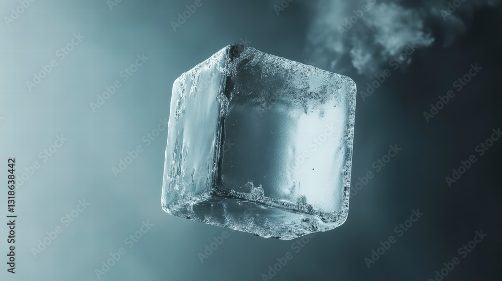 Obraz premium Frozen in Time: A captivating close-up showcases a perfect ice cube suspended mid-air, with delicate wisps of vapor swirling around it, creating an image of refreshing coolness.