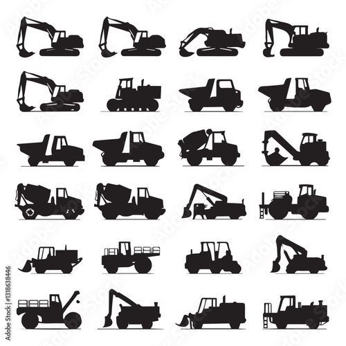 Silhouettes of Construction Vehicles – Excavators, Bulldozers, Dump Trucks, Cranes, and More in Grid Layout