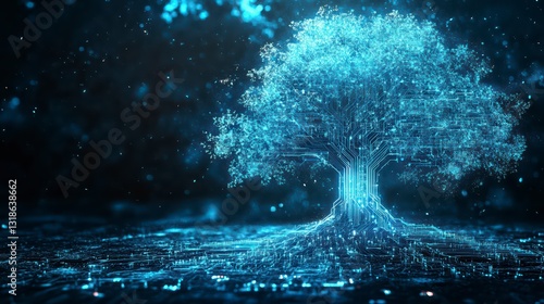 Wallpaper Mural Digital Tree of Life: An awe-inspiring digital representation of a tree, its branches and roots rendered in a luminous blue, set against a cosmic backdrop, symbolizing interconnectedness. Torontodigital.ca