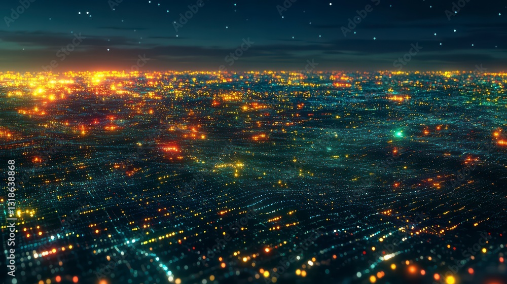 Fototapeta premium City Lights at Night: Captivating aerial view of a city illuminating the night sky, featuring a myriad of lights and building outlines creating a stunning visual tapestry of urban life.