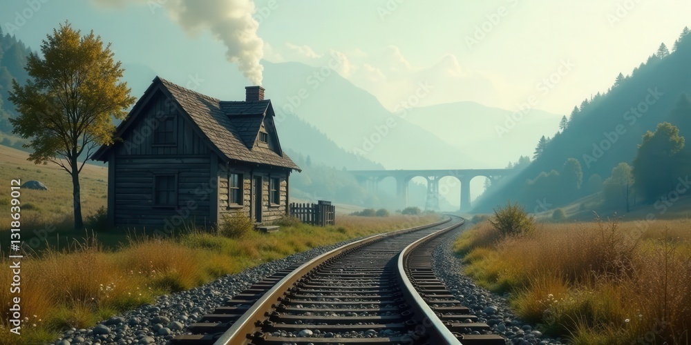 Fototapeta premium Serene mountain vista with rustic wooden cabin beside railway tracks leading to a distant arched bridge