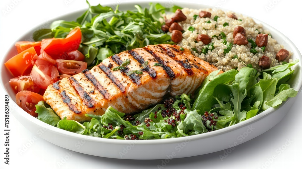 Grilled Salmon Power Bowl: A close-up shot of a colorful, healthy power bowl with grilled salmon, a bed of fresh greens, vibrant tomatoes, fluffy quinoa, and a scattering of nuts, ready to eat. Grilled Salmon Power Bowl: A close-up shot of a colorful, healthy power bowl with grilled salmon, a bed of fresh greens, vibrant tomatoes, fluffy quinoa, and a scattering of nuts, ready to eat.