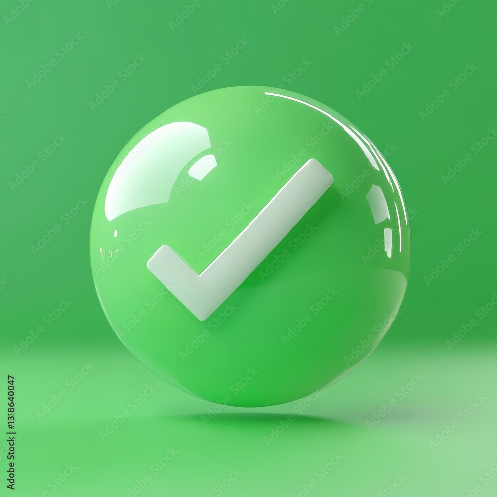 Green glass ball with check mark on green background. Vector illustration. Green glass ball with check mark on green background. Vector illustration.
