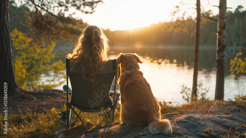 Fototapeta Naklejka Na Ścianę i Meble -  Young woman and her dog looking to the lake at sunset