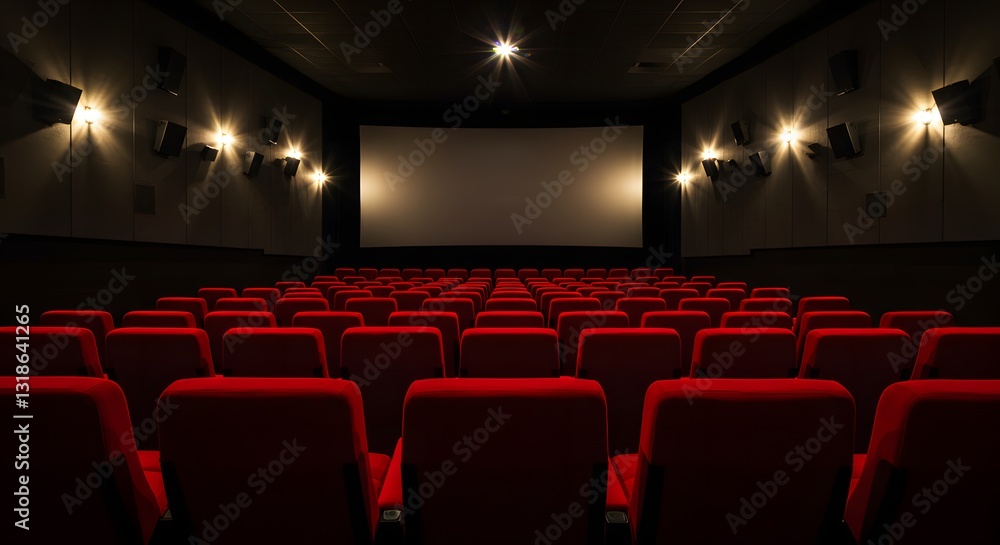 Dark movie theater with plush seats and glowing projection Dark movie theater with plush seats and glowing projection