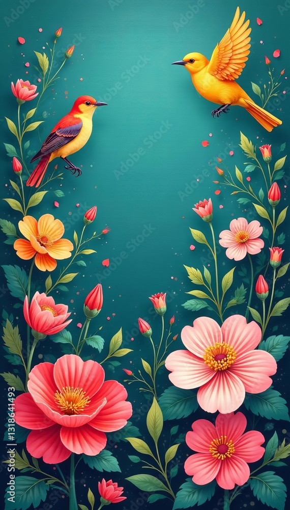 Fototapeta premium Vibrant illustration of blooming flowers and chirping birds, vibrant, nature