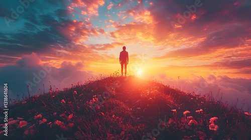 Confident Student Leader Stands Tall on Glowing Hilltop at Sunrise Inspiring New Possibilities