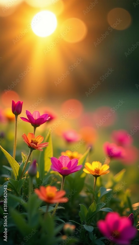 Fototapeta premium Vibrant summer bokeh lights with glowing sun flare on colorful background, summer, bokeh