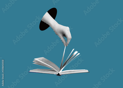 Fotografie Open book, hand turning blank pages, literature and education concept