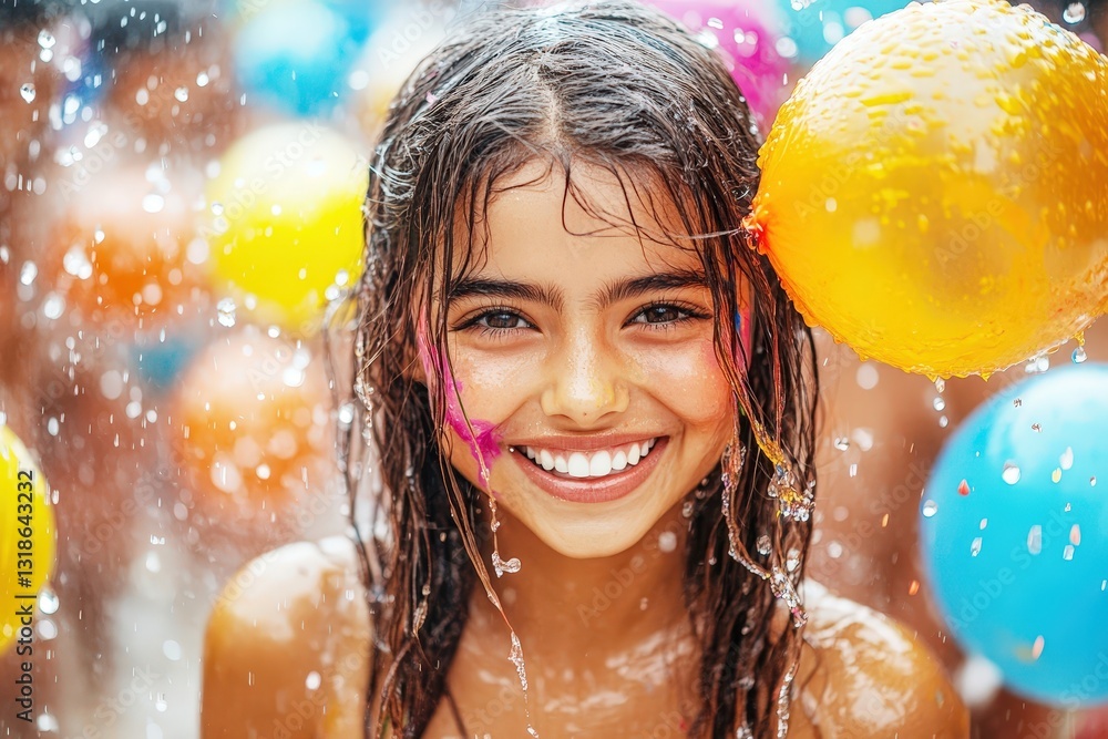 Naklejka premium Joyful friends enjoying a colorful water balloon fight on a sunny summer day at the beach